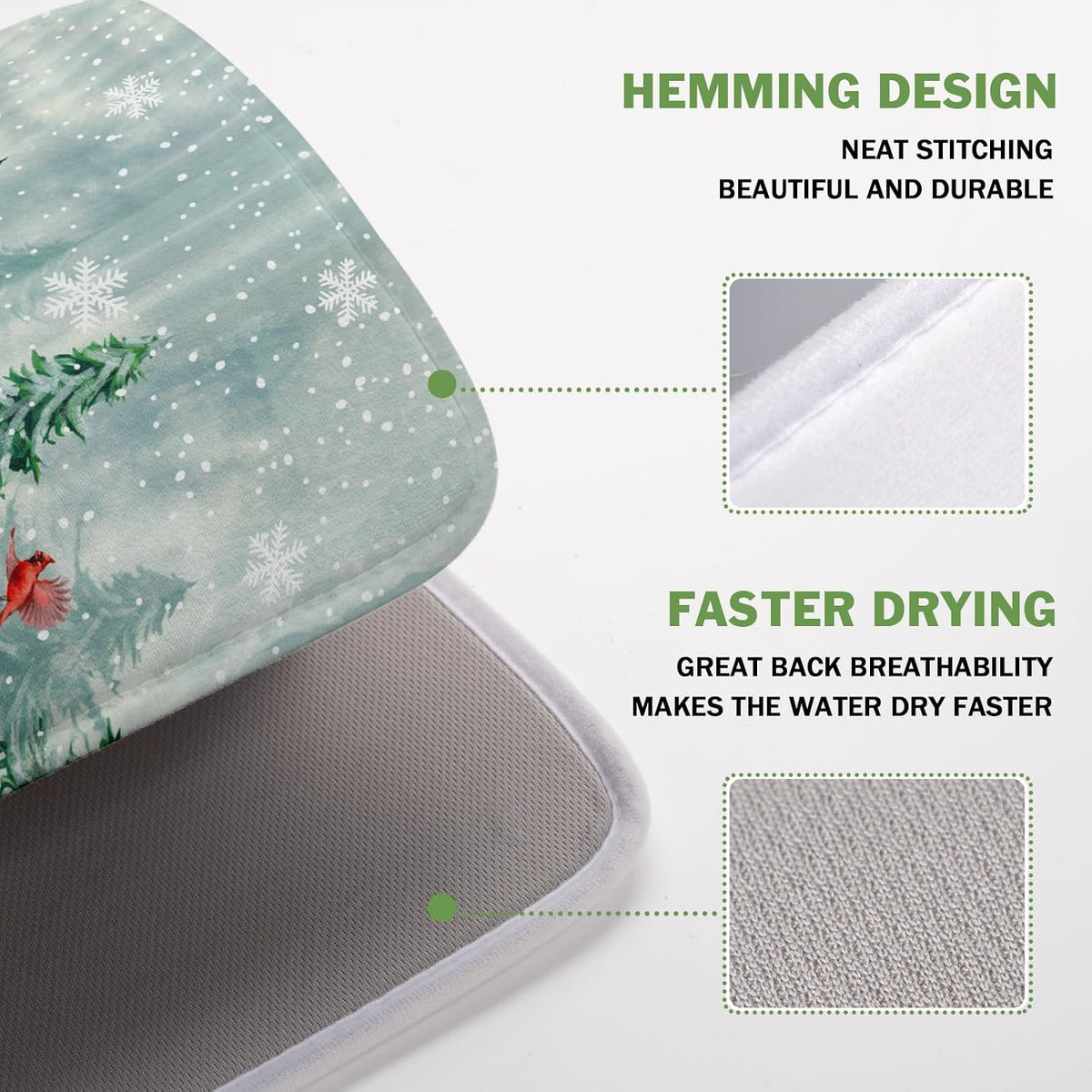 Welcome Winter Pines Tree Dish Drying Mat, Winter Snowflake Dish Drying Mat for Kitchen Counter, Red Birds Absorbent Fast Dry Dish Drainer Mat Protector Xmas Microfiber Dish Drying Pad 16"x18"