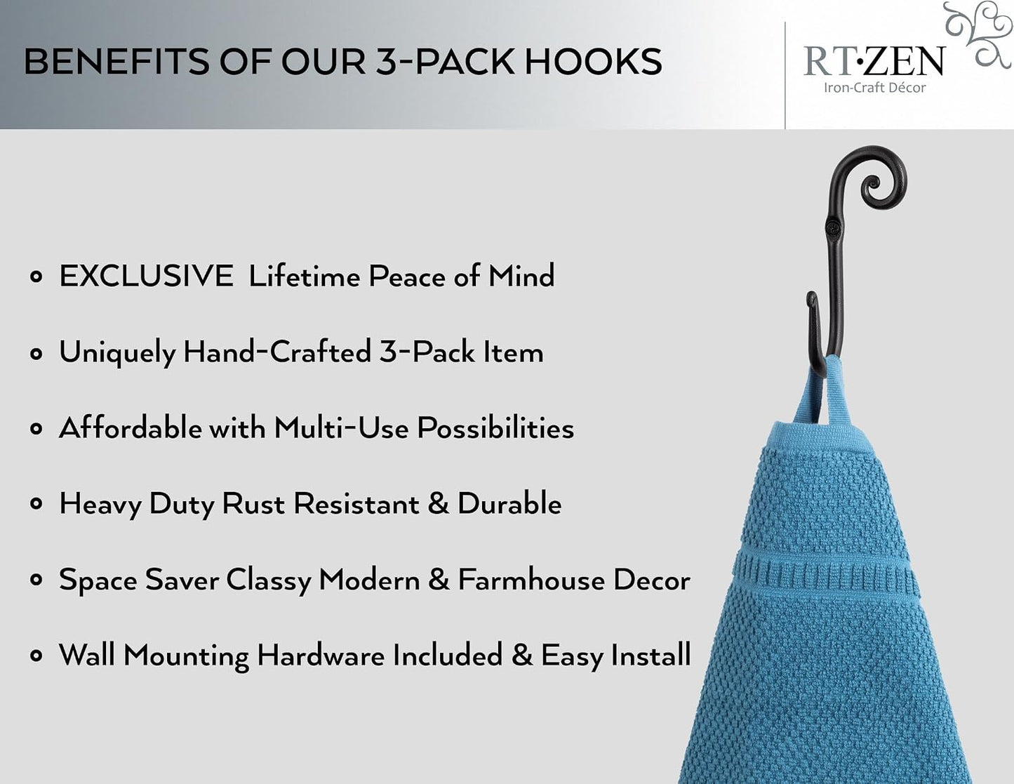 RTZEN Classic Farmhouse Wall Mount Multi-Use Wrought Iron Hook Set (3 Pack)