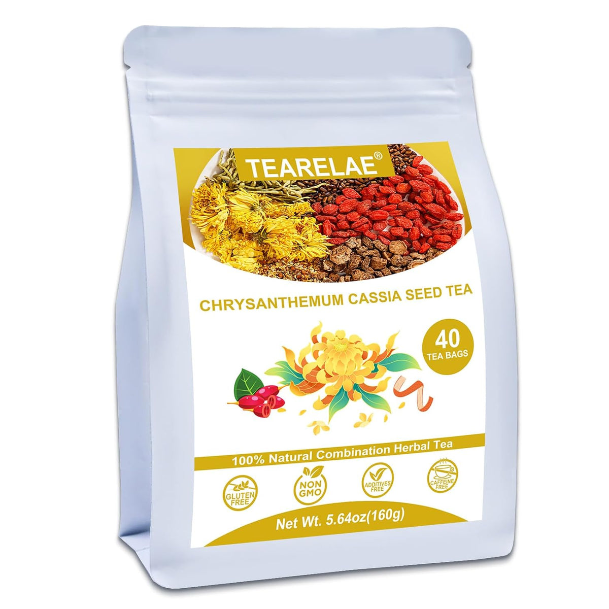 TEARELAE Chrysanthemum Cassia Seed Tea, 4g x 40 Tea Bags, Gentle Daily Brew | Herbal Blend With Burdock Root, Goji Berry, Honeysuckle &amp; Osmanthus, Refreshing Herbal Mix, Non-GMO, Caffeine-Free