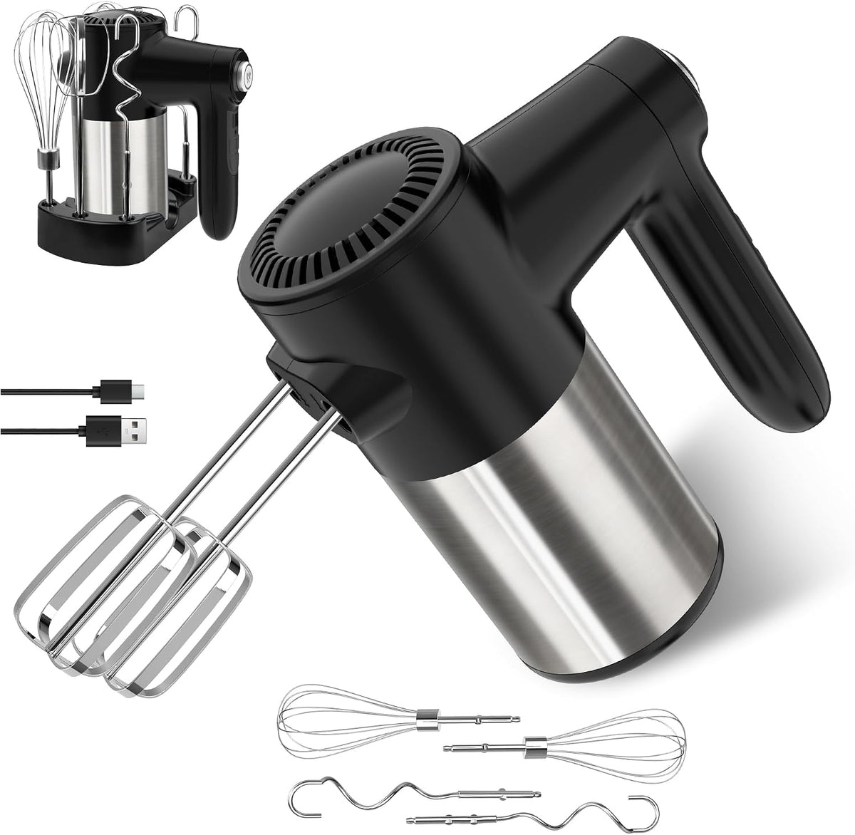 binROC Cordless Hand Mixer Electric, 7-Speed with Storage Base, Black