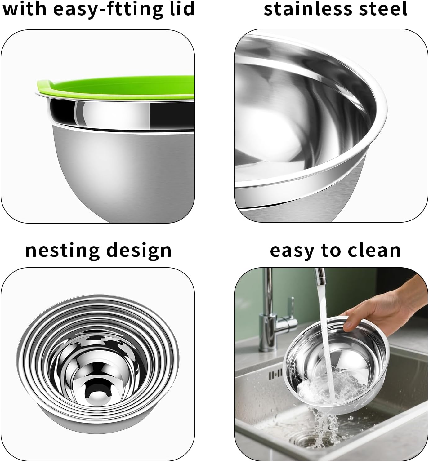 Lazycorner Mixing Bowls with Airtight Lids Set 5 Pcs Stainless Steel Bowls Set Baking Set Non-Slip Silicone Bottoms Great for Serving &amp; Baking