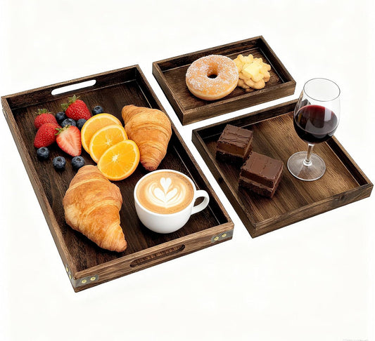 Rustic Wooden Serving Trays with Handle, Serving Platters, Charcuterie Board Set of 3 Nesting Food Trays for Serving Food,