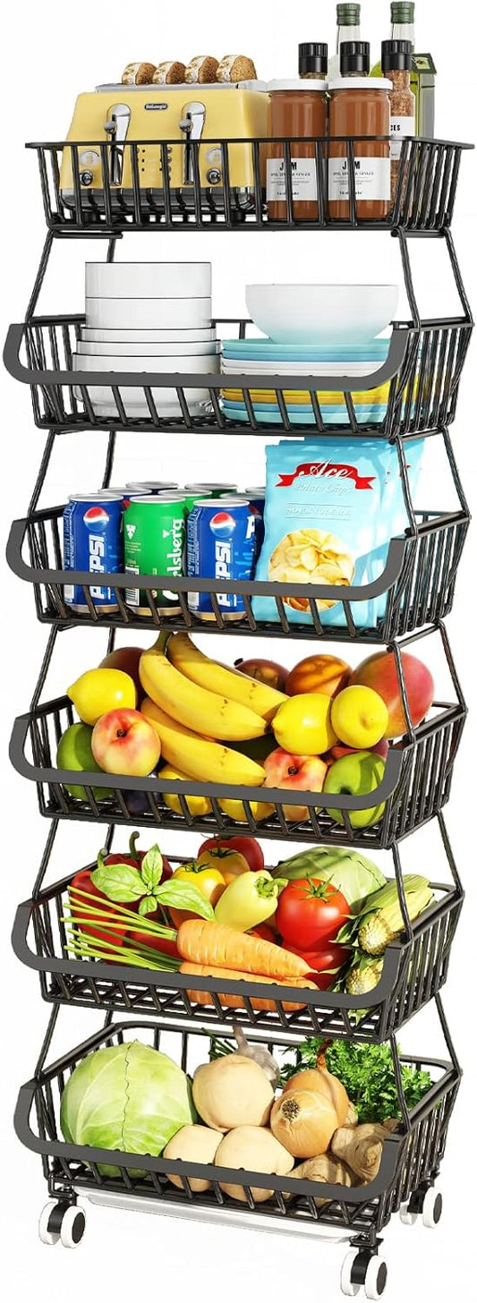 6 Tier Fruit Basket for Kitchen, Fruit and Vegetable Storage Cart Stackable Wire Baskets with Wheels Vegetable Produce
