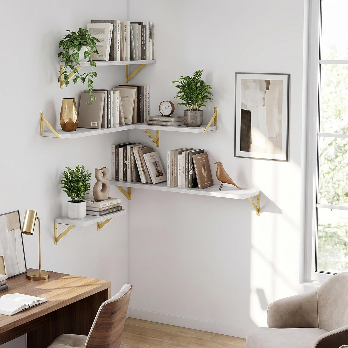 Dreamland Wall Mounted Floating Shelves Set of 2, 55x8, White&amp;Gold