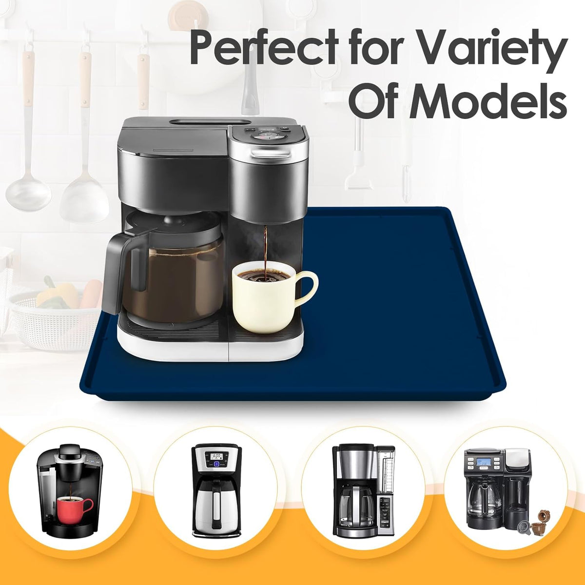 TOHONFOO Silicone Coffee Maker Mat with Lip, 19.7'' x 15'' Heavy Duty Coffee Maker Mat for Countertops, Coffee Tray Fit Under Coffee Machine Appliance Automatic Machines Espresso Accessory, Navy Blue
