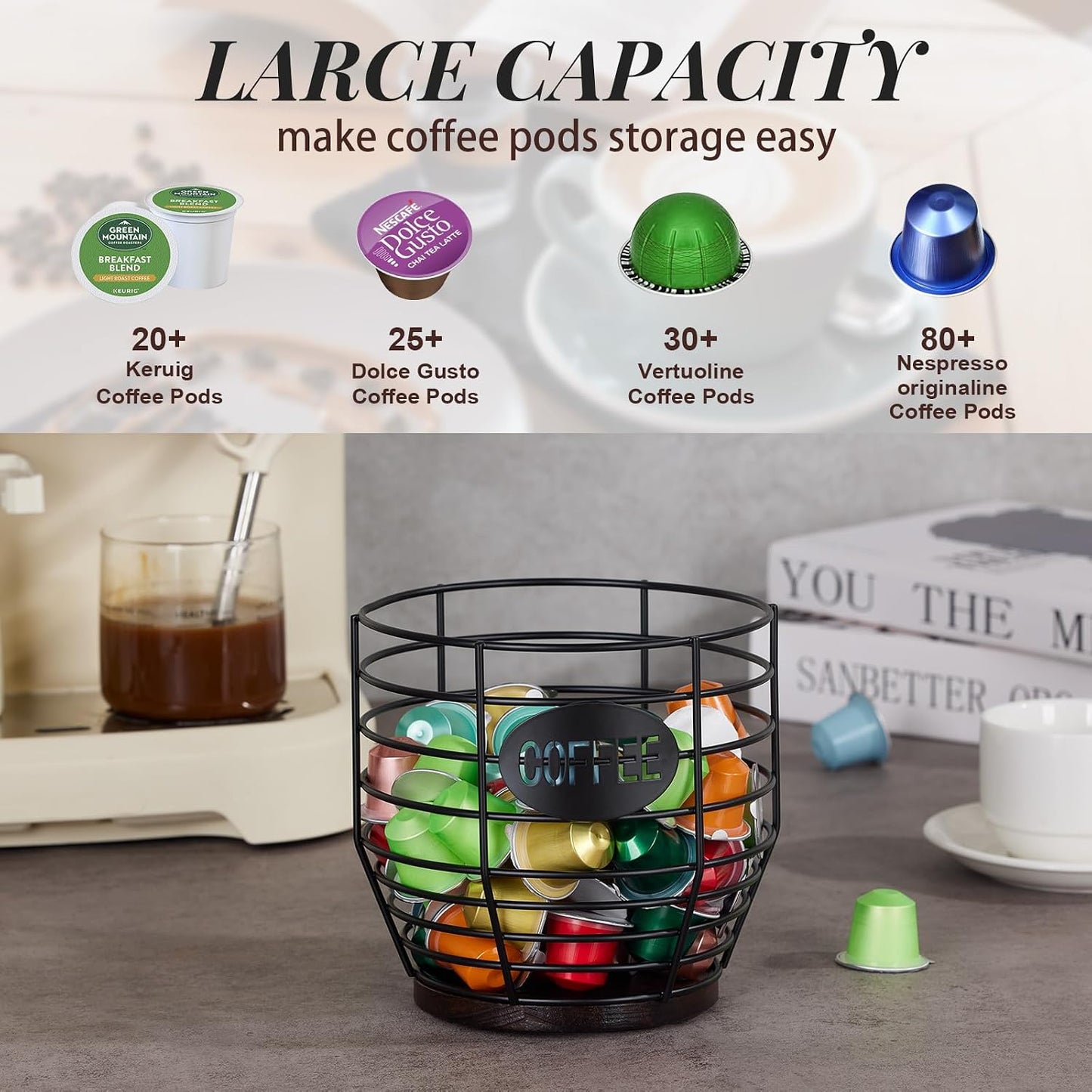 Yangbaga Large Coffee Pod Holder: Black Wire K-Cup Holder with Wood Base | 3L Large Capacity-Stainless Steel Basket Bar Decor-Multi-Purpose Storage-Easy Clean- Fit for Coffee Bar/Pod/Capsule/Station
