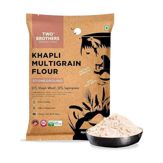 Khapli Multigrain Atta | Emmer Flour | 8 Super Grains Flour Mix | Diabetic Friendly | High Fibre & High Protein | Low GI Atta | Emmer, Jowar, Jau, Ragi, Soybean , Chickpea | 2kg from Two Brothers Organic Farms