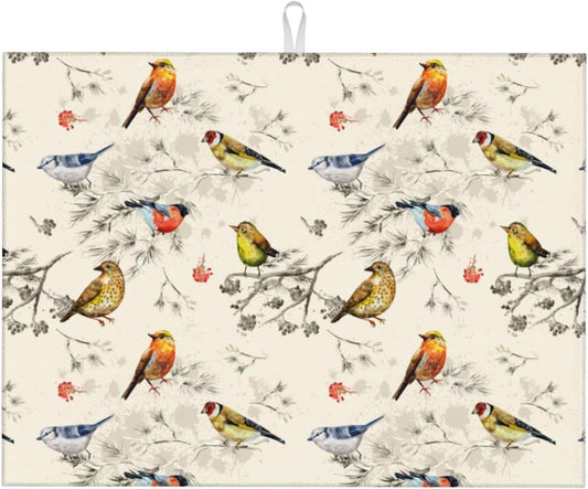 Spring Birds Dish Drying Mat Chinoiserie Watercolor Floral Branch Colorful Bird Microfiber Absorbent Drying Mats Reversible