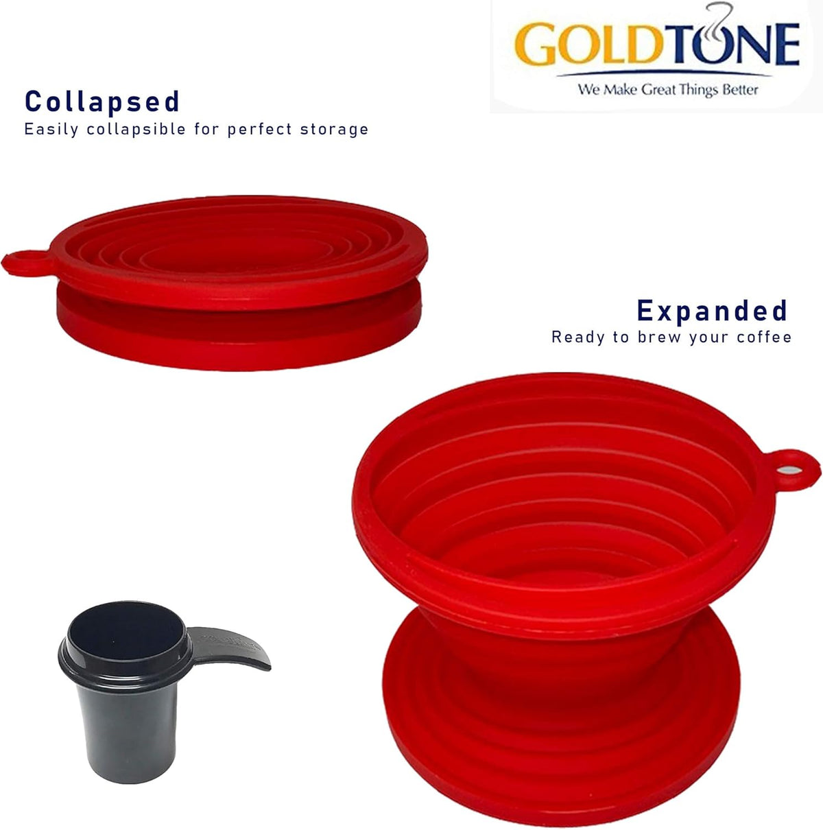GOLDTONE Collapsible Silicone Portable Reusable Coffee Dripper w/Carry Clip & Scoop (Collapsible Pour Over, Frameless Filter & Scoop)