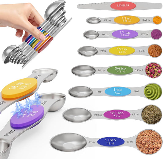 Magnetic Measuring Spoons Set of 8 - Heavy Duty 304 Stainless Steel, Triple Measurement Markings, Strong N52 Magnets, Easy