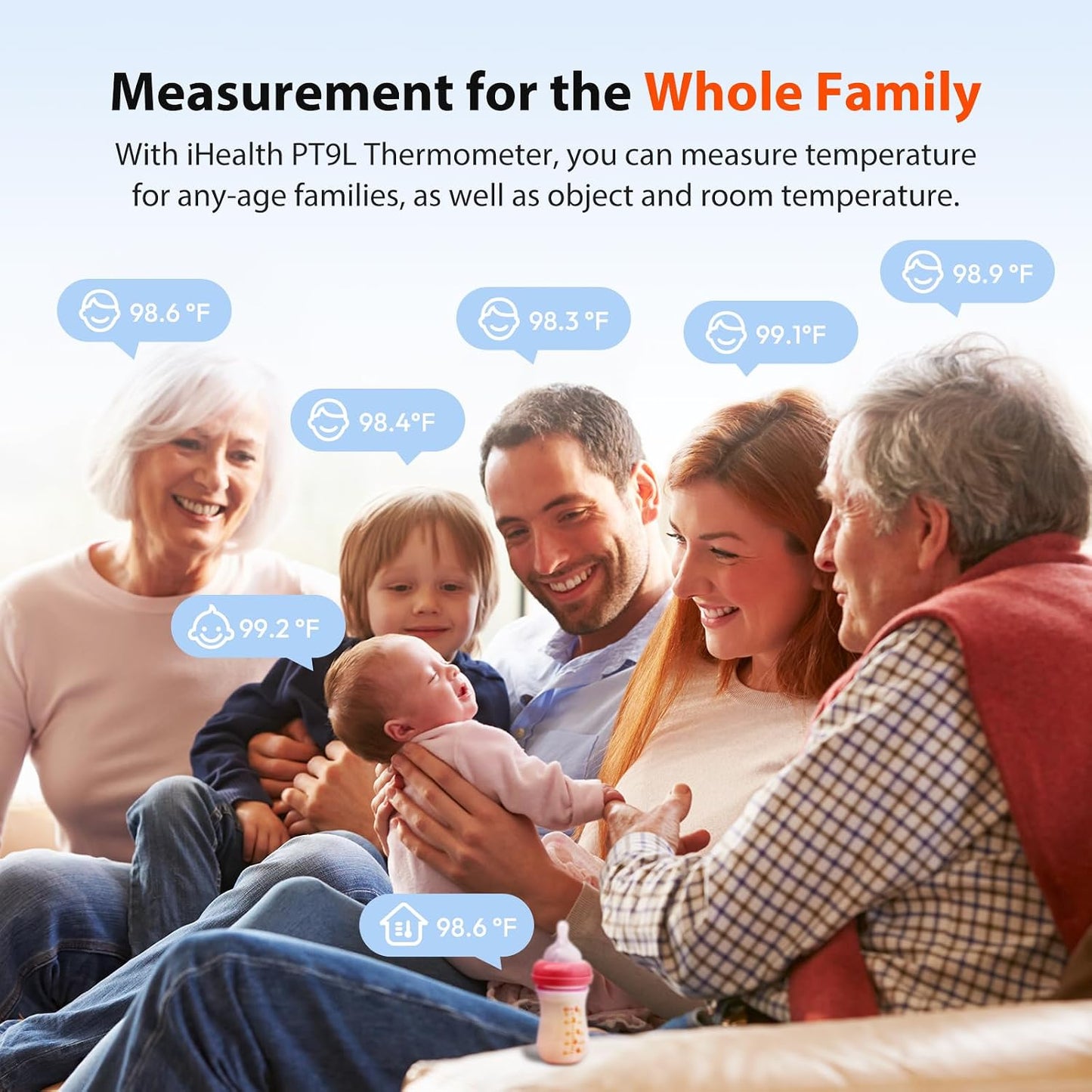 iHealth Infrared Digital Thermometer for Adults, Kids, Baby PT9L Blue | 3-in-1 Mode &amp; 3-Color Prompt, Fever Alarm &amp; Silent Mode, Forehead &amp; Object Detection, 40 Memory Storages