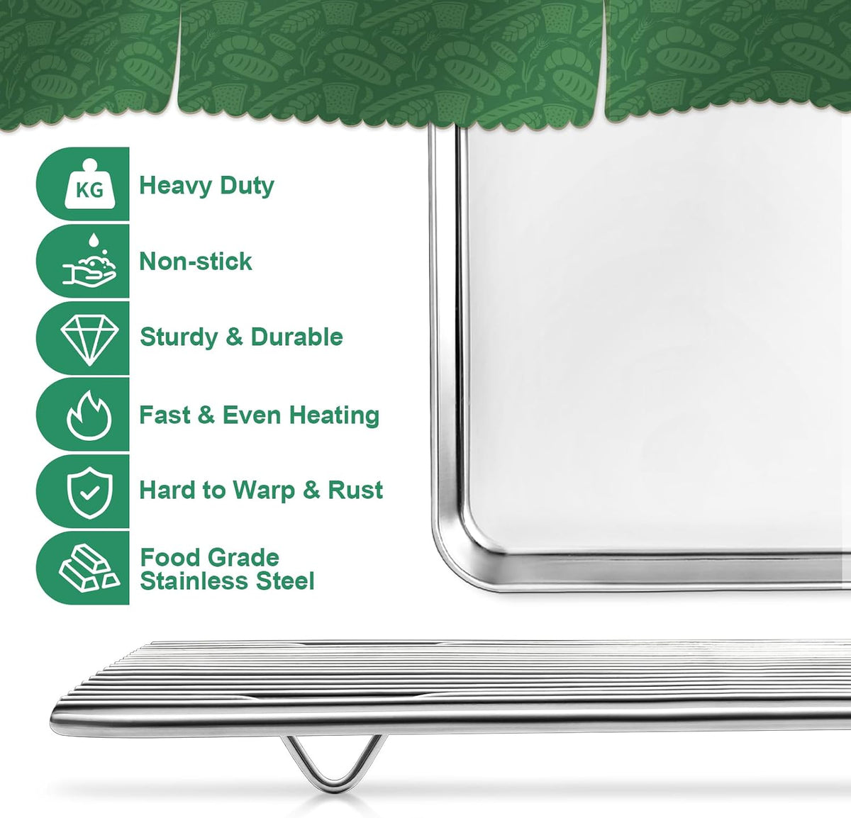 Baking Sheet with Cooling Rack, HKJ Chef 2 Baking Sheets + 2 Baking Racks | Stainless Steel Cookie Sheet with Cooling Rack, Baking Pans for Oven, 12.5x10x1 Inches Nonstick Baking Tray, Warp Resistant