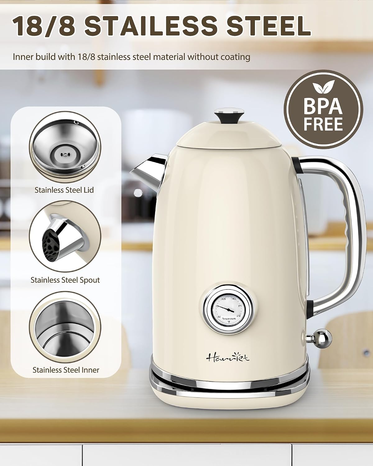 Harriet 61oz Electric Kettle with Thermometer, Retro Hot Water Boiler | 1500W Hot Water Kettle, Electric Tea Kettle for Boiling Water, LED Indicator, Auto Shut-Off &amp; Boil Dry Protection