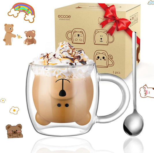 ecooe Cute Bear Mug Glass Coffee Cup 9.4oz Double Walled Glass Mug Cappuccino Latte Glass Cup with Handle Spoon, Milk Tea