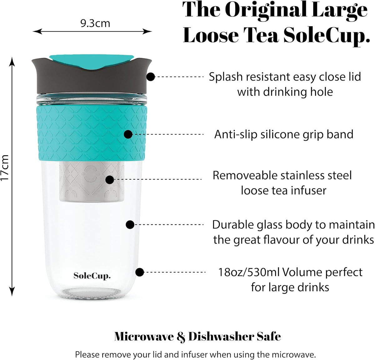 Large Travel Mug Loose Tea Infuser - Detachable Tea Strainer with Spill Proof Lid - 18oz/530ml BPA-Free Reusable Glass Travel Coffee Cup with Silicone Band (Gray and Blue, 18oz)