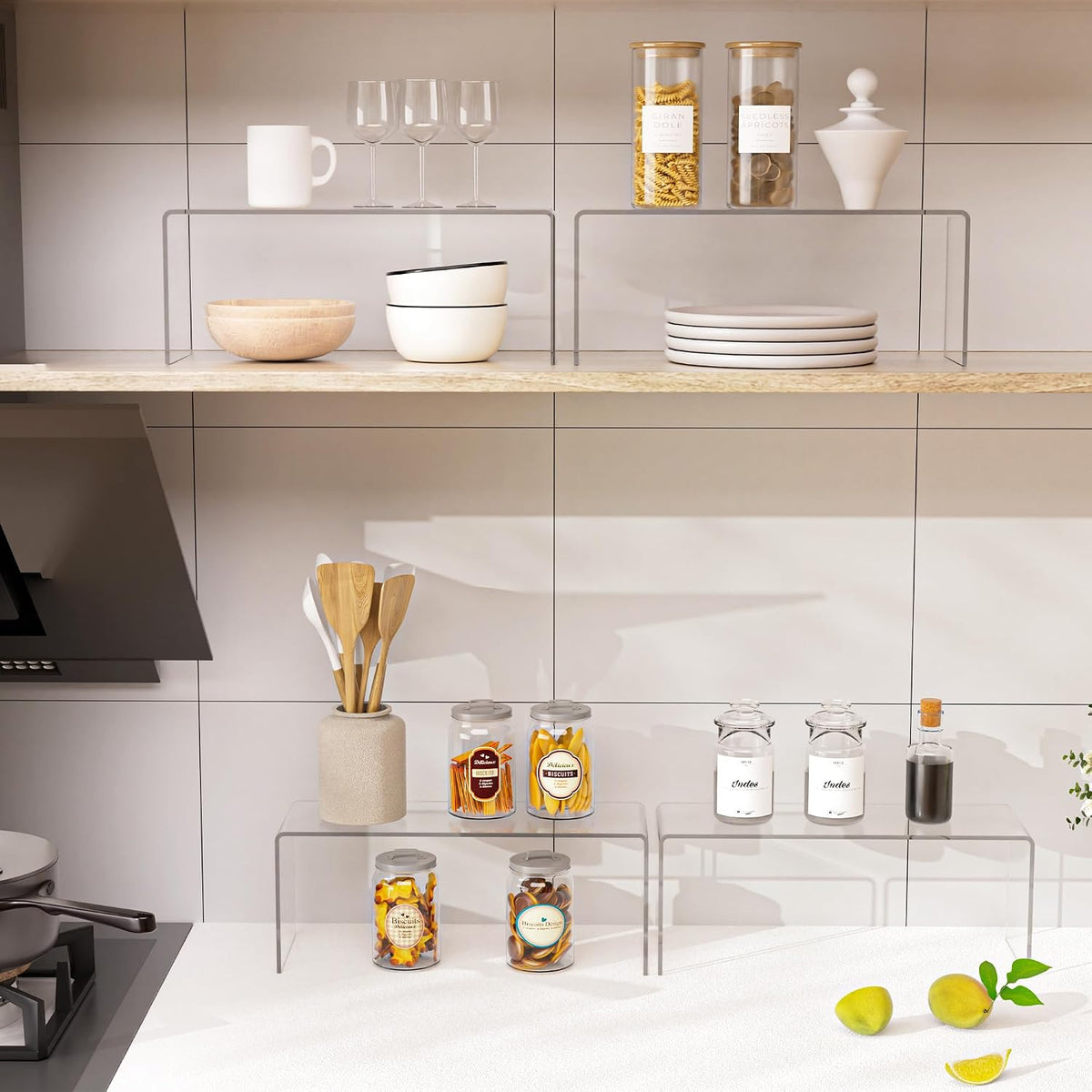 4 Packs Cabinet Organizer Shelf, Acrylic Kitchen Counter Shelves Organizer, Spice Rack for Dishes, Spices, Soda Cans and Bottles（12.4 x 4 x 4.6 inch）