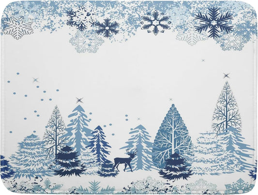 Giwawa Winter Blue Snowflake Dish Drying Mat Christmas Tree Kitchen Counter Dish Drainer Mats Xmas Forest Deer Moose Dish Dry Pad Bottles Protector for Kitchen Countertop Coffee Bar, 18x24 inch Large
