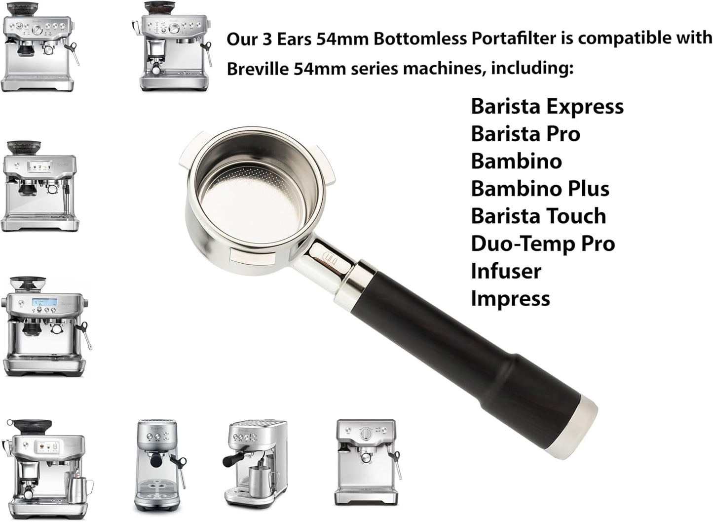 LILQ 54mm Spouted 3 Ears Portafilter Compatible with Breville Machines Stable Handle (Barcino Fusion, 54mm Double Spouts)