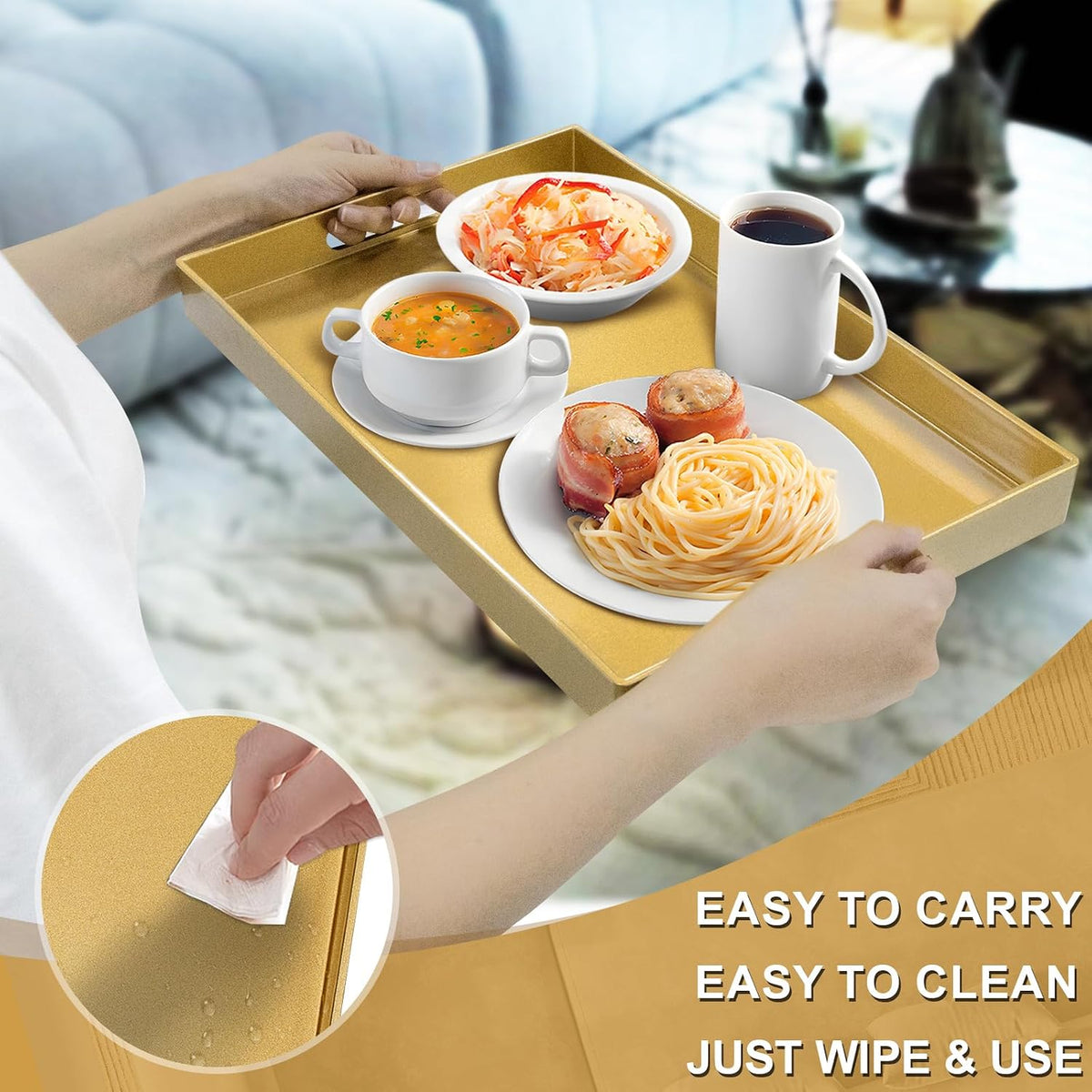 MAONAME Gold Decorative Tray for Coffee Table, Serving Tray with Handles | Plastic Melamine Tray, Modern Ottoman Tray, Rectangular Countertop Organizer Tray for Living Room, 15.8"L x 10.2"W x 1.4"H