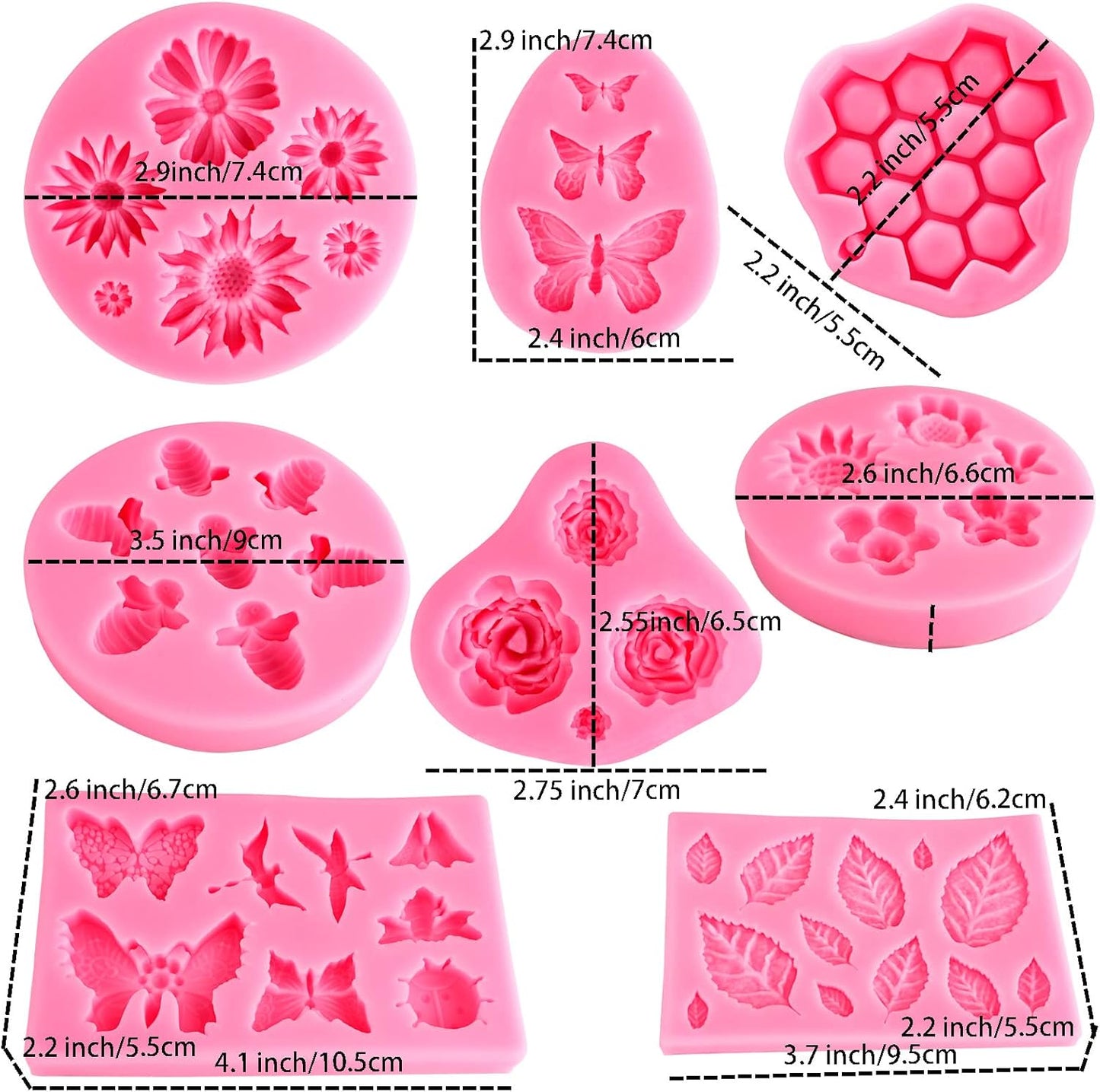 Silicone Mold Flower 8pcs Chocolate Fondant Polymer Clay Candy Gummy Mold,Rose Leaf Butterfly Bee Honey Shaped Silicone Molds for DIY Cake Cupcake