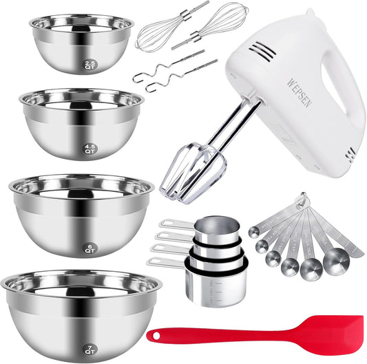 5-Speed Electric Hand Mixer, 4 Large Mixing Bowls Set, Handheld Mixers with Whisks Beater, Stainless Steel Metal Nesting