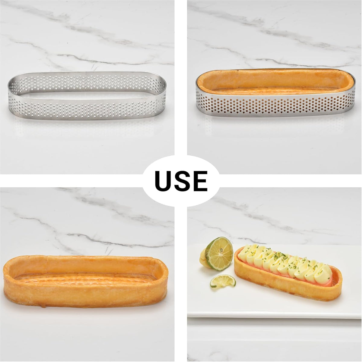 Oval Tart Ring 304 Stainless Steel 6pcs Thickened Perforated Pastry Cake Ring Mold for Baking Nonstick Fruit Tarte Crust Tools - 5 inch (13cm)