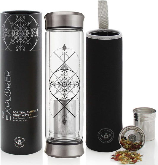 Teabloom All-Beverage Infusion Bottle – 14 oz / 400 ml – Double Wall Insulated Glass Travel Flask – Hot Tea & Cold Brew
