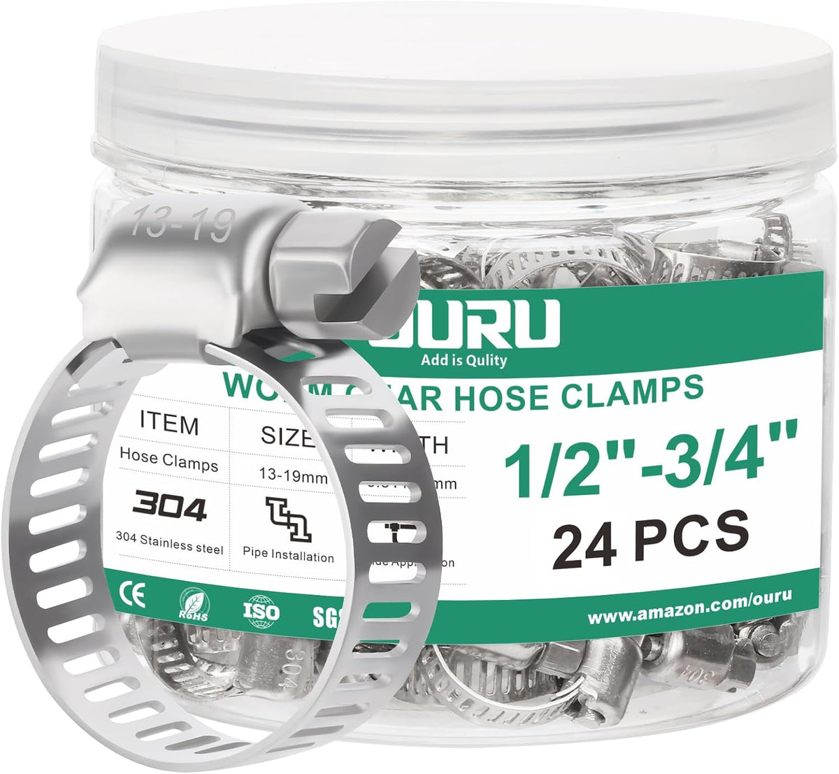 OURU 24PCS Hose Clamps Stainless Steel Adjustable 1/2"-3/4"(13-19mm) | Heavy Duty, Rust Resistant, Worm Gear Small Hose Clamp, Automotive, Pipe, Radiator Plumbing, Fuel Line