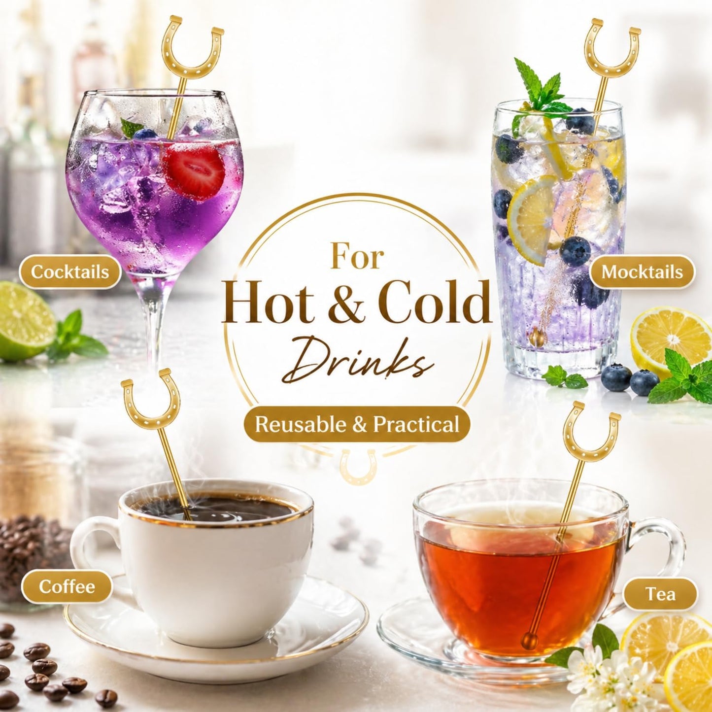 Horseshoe Drink Stirrers 6 Inch Plastic, Gold, 30 Pcs | Reusable U Shaped Swizzle Sticks for Cocktails Coffee, Party Bar Decorations for Derby Themed Weddings Events