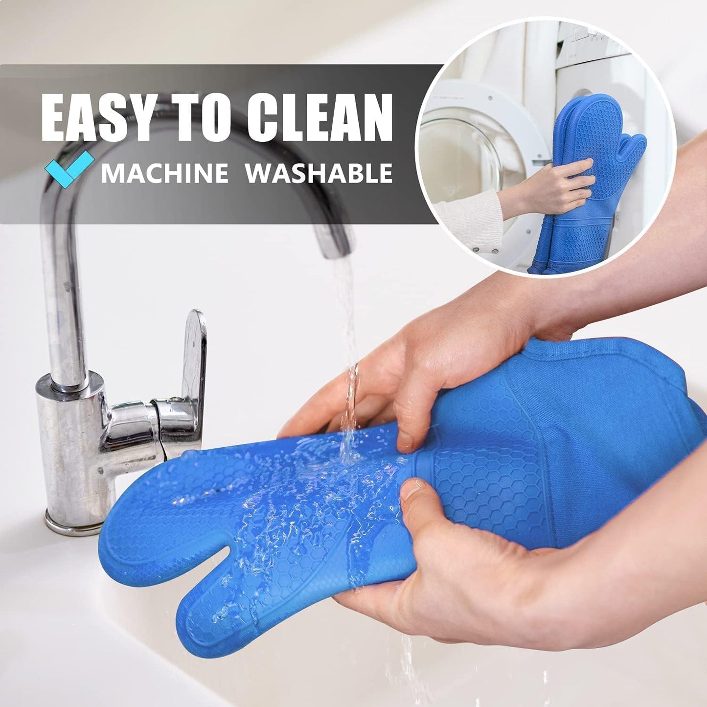 RORECAY Silicone Oven Mitts and Pot Holders Sets, Gloves for Kitchen, Blue | Set of 6 Kitchen Mitts for Baking &amp; Cooking, Heat Resistant 500 ℉, 15" Extra Long, Non-Slip &amp; Waterproof, Quilted Cotton