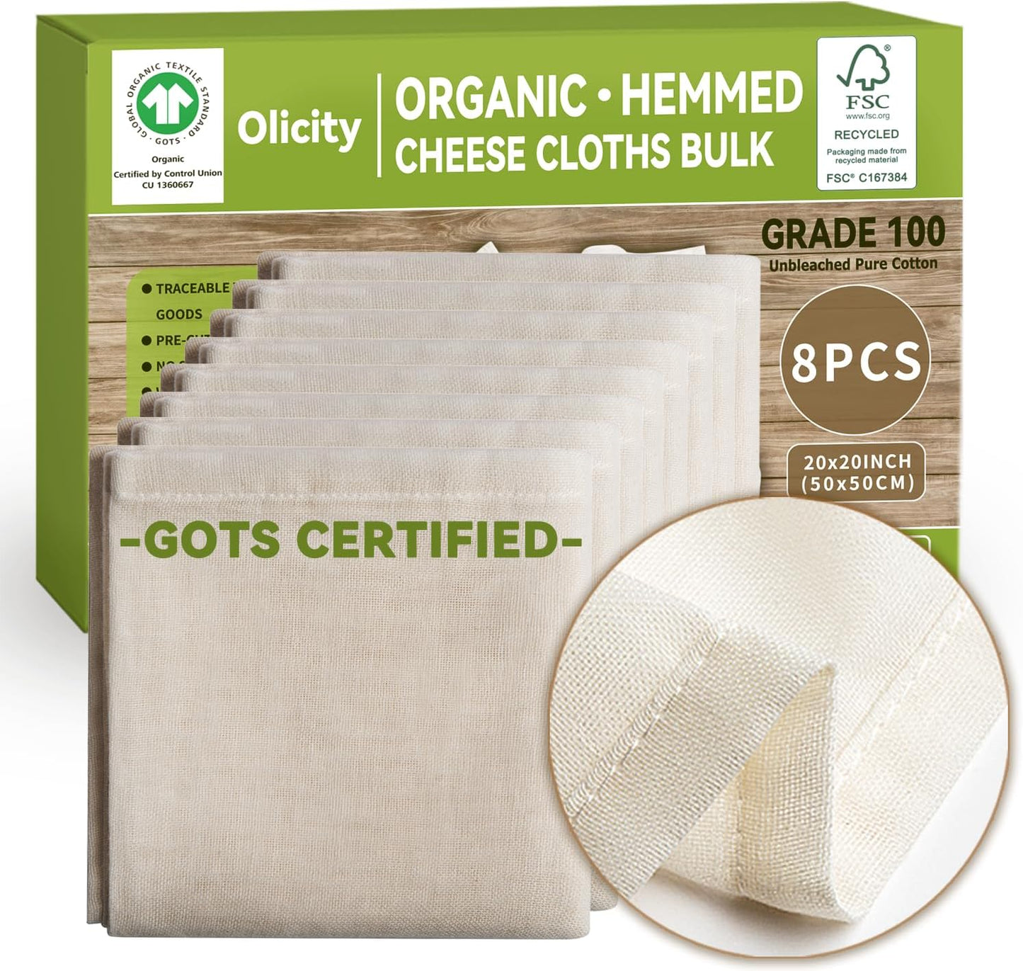 Organic Cheese Cloths, GOTS Certified, 8PCS, Grade 100, 20x20Inch Hemmed Cheese Cloth Fabric Reusabl
