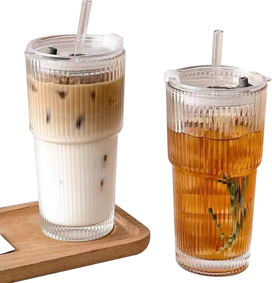 2 Pack Iced Coffee Cup with Lids, 20oz Clear Glass Tumbler with Straw & Lid, Ribbed Glassware Cups, Dishwasher Safe Drinking