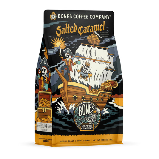 Bones Coffee Company Salted Caramel Flavored Coffee, Medium Roast Low Acid Arabica Beans Compatible with Auto drip and