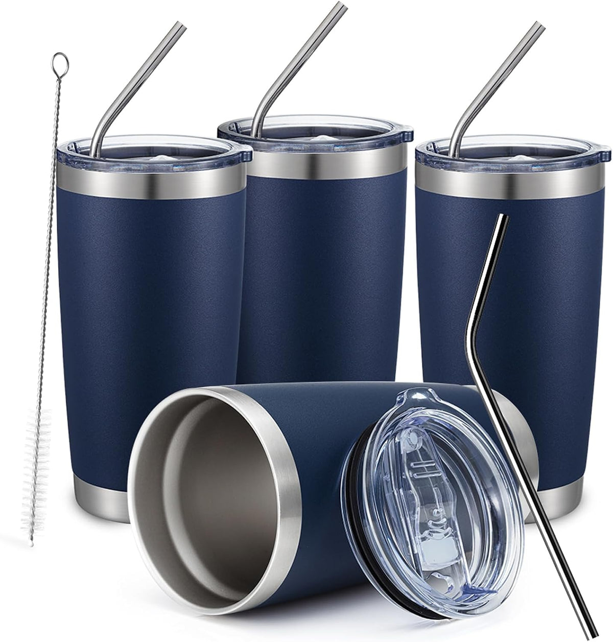 COMOOO 20oz Stainless Steel Navy Tumbler Bulk with Lid and Straw Insulated Coffee Tumbler Cup Double Wall Vacuum Travel Mug for Cold Drinks and Hot Beverage (Navy, 4 Pack)
