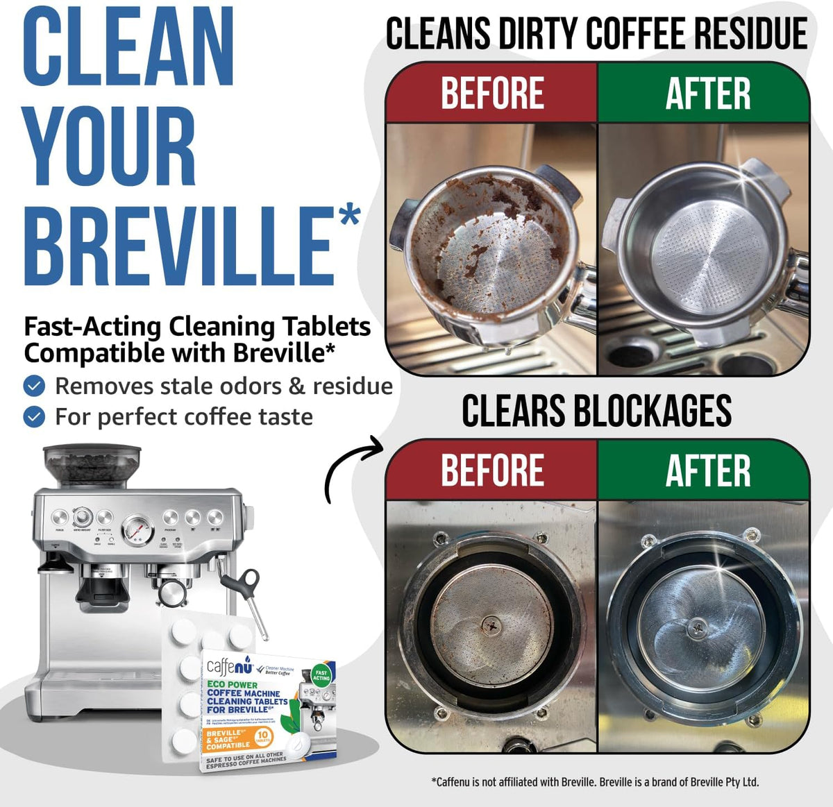 Caffenu Breville Compatible Coffee Machine Cleaning Tablets, 10 Count | (10 Uses) Cleaner Tablets for Breville - Clears Oily Grouphead and Portafilter - Improves Coffee Taste, Extends Machine Life