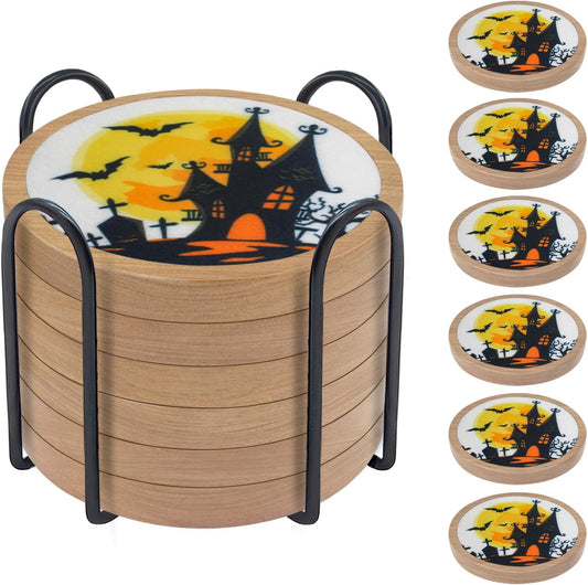 Halloween Coasters Set of 6, Unique Coaster, Minacun Absorbent Coasters with Holder Halloween Thanksgiving Themed Party