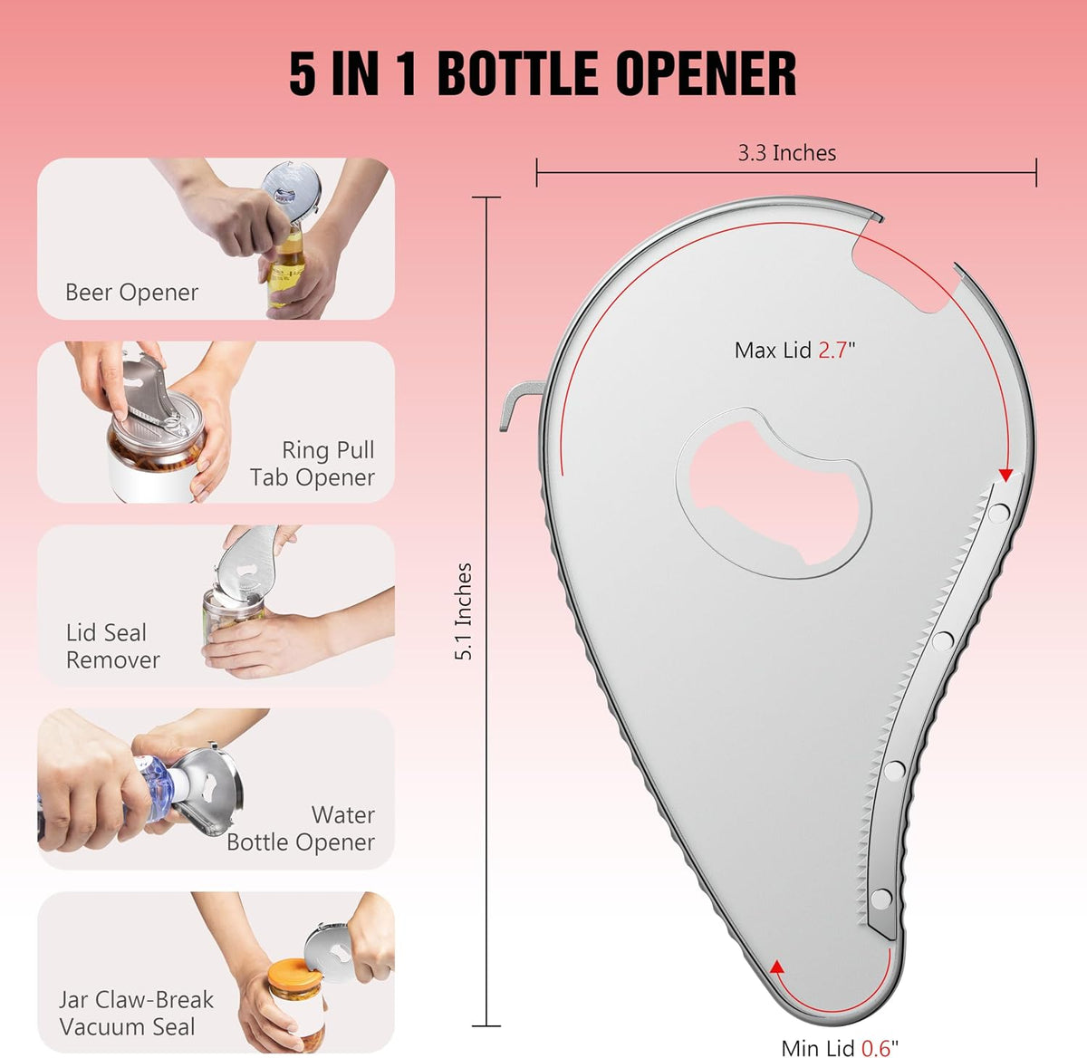 Uinxan 5 in 1 Bottle Opener for Small Jar Lid, Beer, Can Tab, Vacuum Seals | Effortlessly Opens Screw Caps(0.6"-2.7"), Stainless Steel Multi Portable Tool,Ideal for Seniors &amp; Weak Hands (Silver)