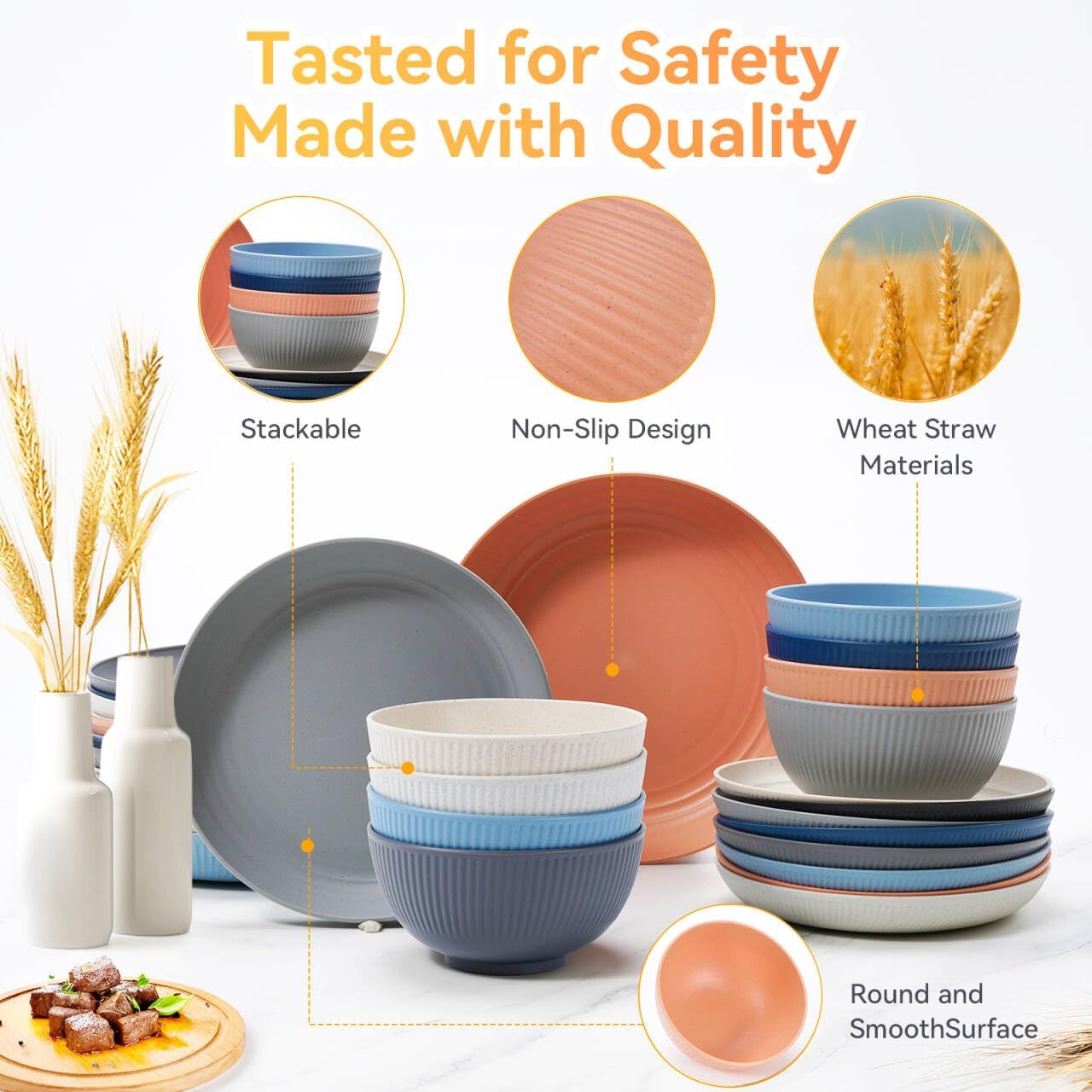 Wheat Straw Dinnerware Sets,64-Piece Plates and Bowls Sets for 8-Unbreakable,Reusable Plastic Dish Set-Dinner Plate/Dess