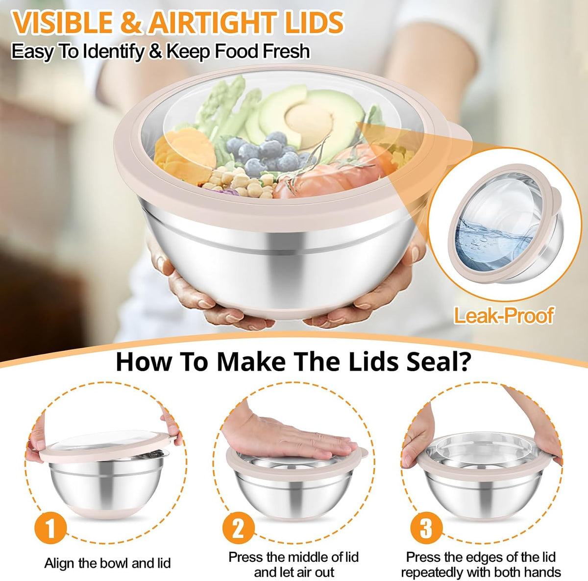 TeamFar Mixing Bowls, Salad Bowls with Transparent Airtight Lids, Khaki | 5PCS Stainless Steel Serving Bowls For Kitchen Mixing/Baking/Storing/Prepping, Non-Slip Bottom - 4.6/3.5/1.5/1 / 0.7 QT