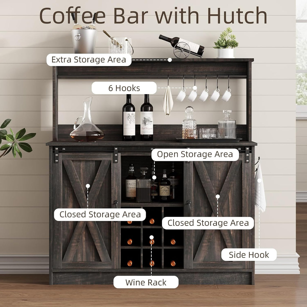 4ever2buy 47" Coffee Bar Cabinet with Storage Hutch &amp; Wine Rack, Oak