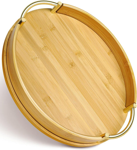 JUPELI 14″ Round Bamboo Serving Tray with Handles – Decorative Tray, Breakfast Tray, Coffee Table Tray, Ottoman Tray,
