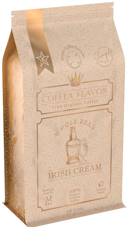 Irish Cream Flavored Whole Bean Coffee – 100% Arabica, Organic, No Artificial Sweeteners, Naturally Flavored, Medium Roast,
