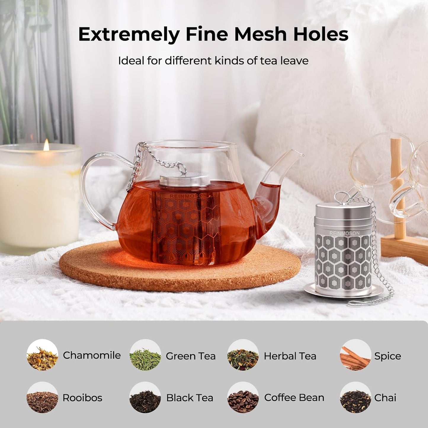Reinmoson Extra Fine Mesh Tea Strainers for Loose Tea 1.5” x 2.2” | 304 Stainless Steel Tea Infuser for Loose Leaf Tea Steeper, Updated Slim Threaded Lid, Tea Ball for Mug, Cup, Teapot, Kettle