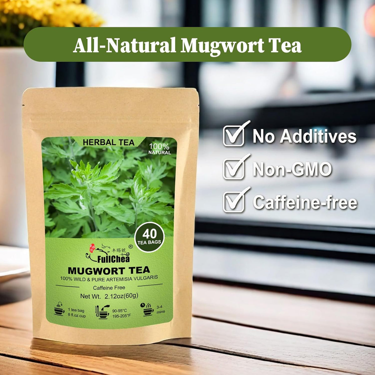 FullChea - Mugwort Tea Bags, 40 Count, Dried Mugwort Leaves | 100% pure mugwort leaf herbal tea, naturally rich in antioxidants, caffeine-free and easy to brew hot or iced
