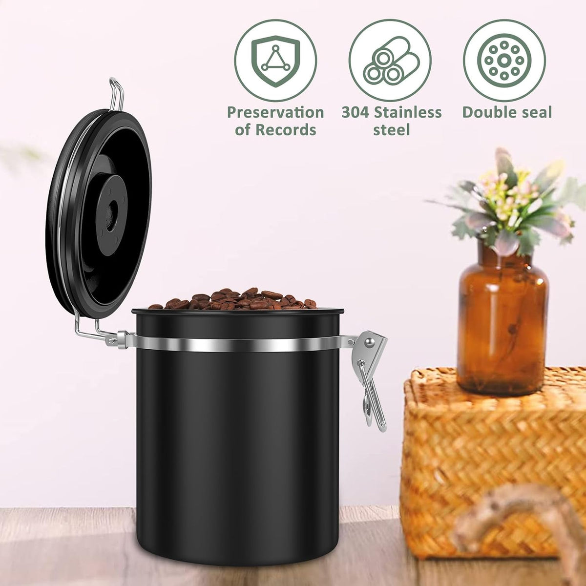 4PCS Coffee Storage Canister 1.5L 51OZ Double Airtight Coffee Beans Container with Date Locator 304 Stainless Steel Kitchen Food Storage Container with Spoon for Tea Sugar