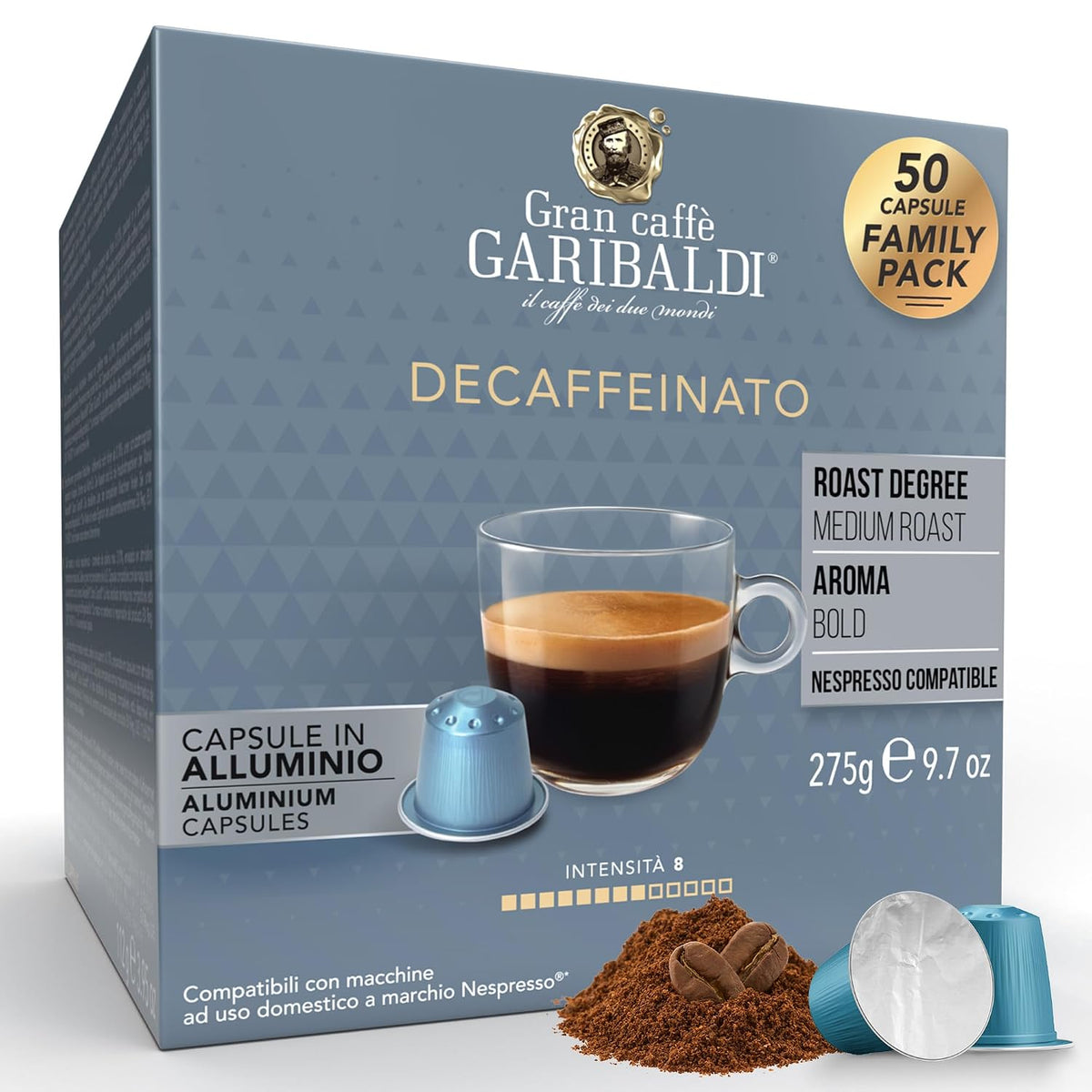 Gran Caffè Garibaldi Espresso Pods, Decaffeinato, 50Count | Italian Roasted Coffee, Decaf Capsules, Intense &amp; Rich Aroma - 50 Aluminum Cups