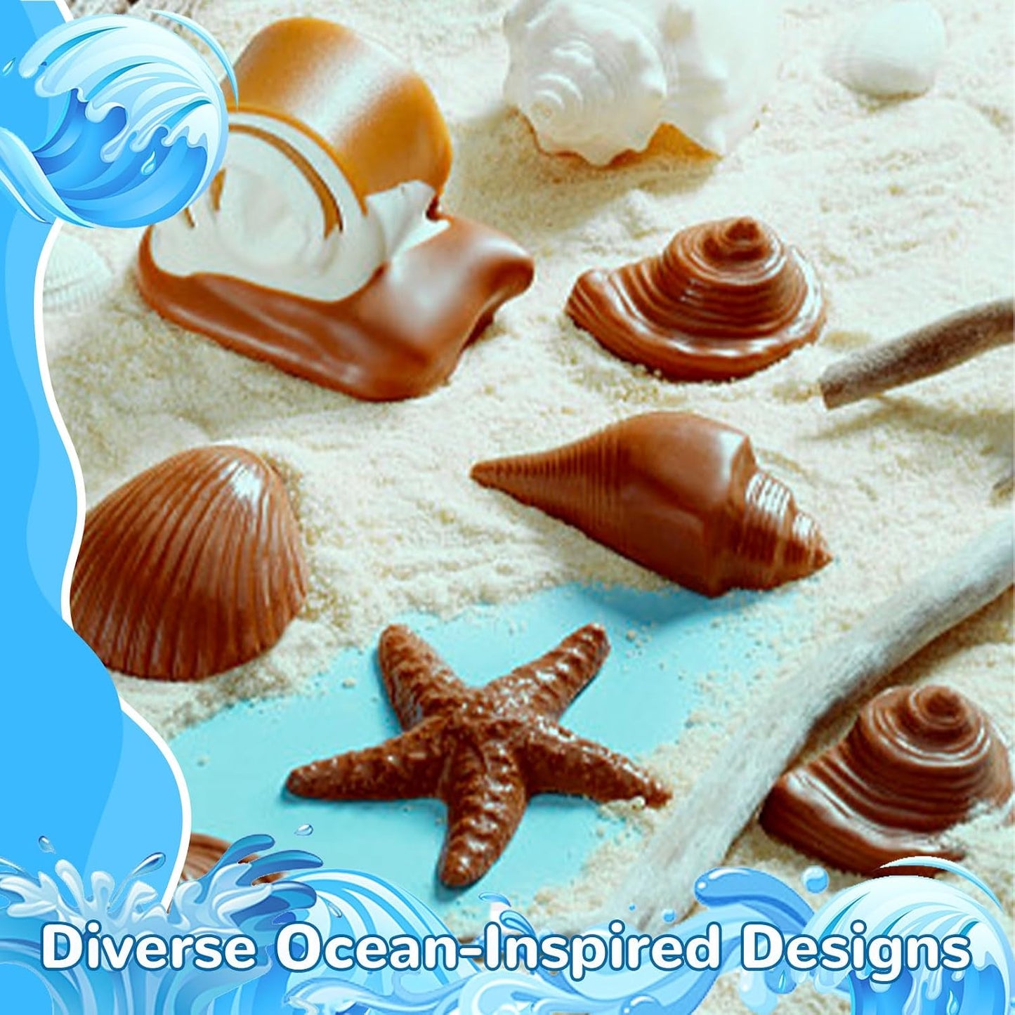 Ocean Chocolate Fondant Mold Set Food-Grade Silicone Baking Molds with Shell, Starfish, Seashell Beach Life Phrases, Reusable for Under the Sea Cakes, Cupcakes &amp; Party Treats - 8 Pack
