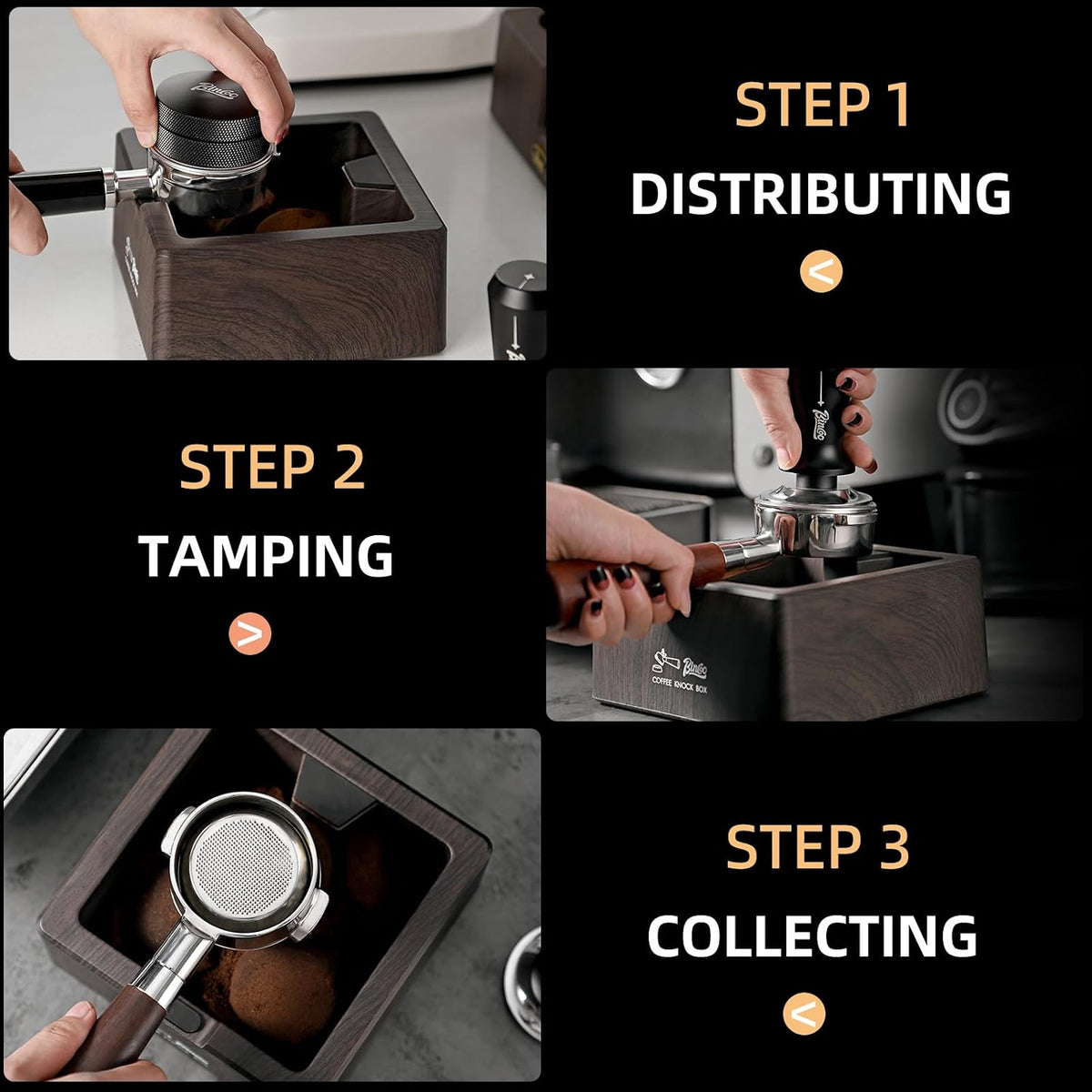Bincoo Square Espresso knock Box 16cm /6.3 Inch Barista Style Coffee Knock Box for Grounds with Anti-Slip Base, Multi-functional Sturdy Espresso Dump Bin for Home/Office. (Brown)