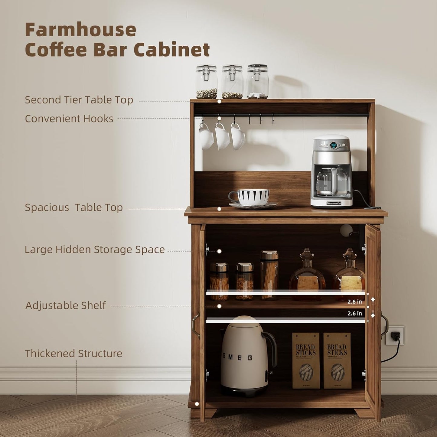 JOINICE Coffee Bar Cabinet with Storage and Charging Station,Walnut | Farmhouse,Herringbone Panel,31.5" Countertop Space,Holds 100lbs,Open Top Shelf+Adjustable Shelf,USB/AC,6-Hook,Easy Assembly