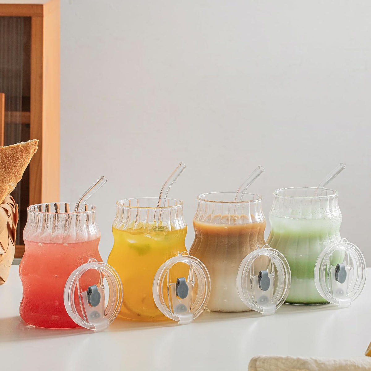 KEMORELA 4PCS Ribbed Glass Cups with Lids &amp; Straws – 18oz Vintage Wavy Coffee Cups, Bubble Glass Aesthetic for Iced Coffee, Clear Ribbed Glasses with Straws, Ideal Drinkware Set